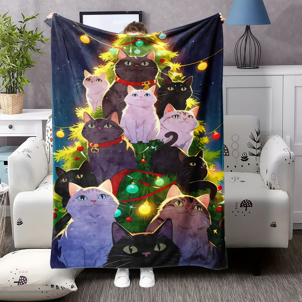 Christmas Throw Blanket - 1pc Festive Cat Christmas Tree Flannel