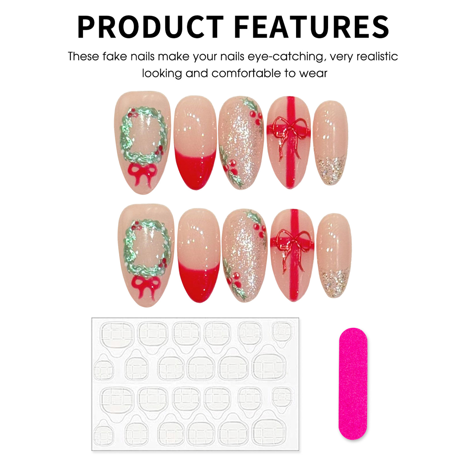 Almond Shape Press On Nails Ch - Christmas Wreath Fake review and price